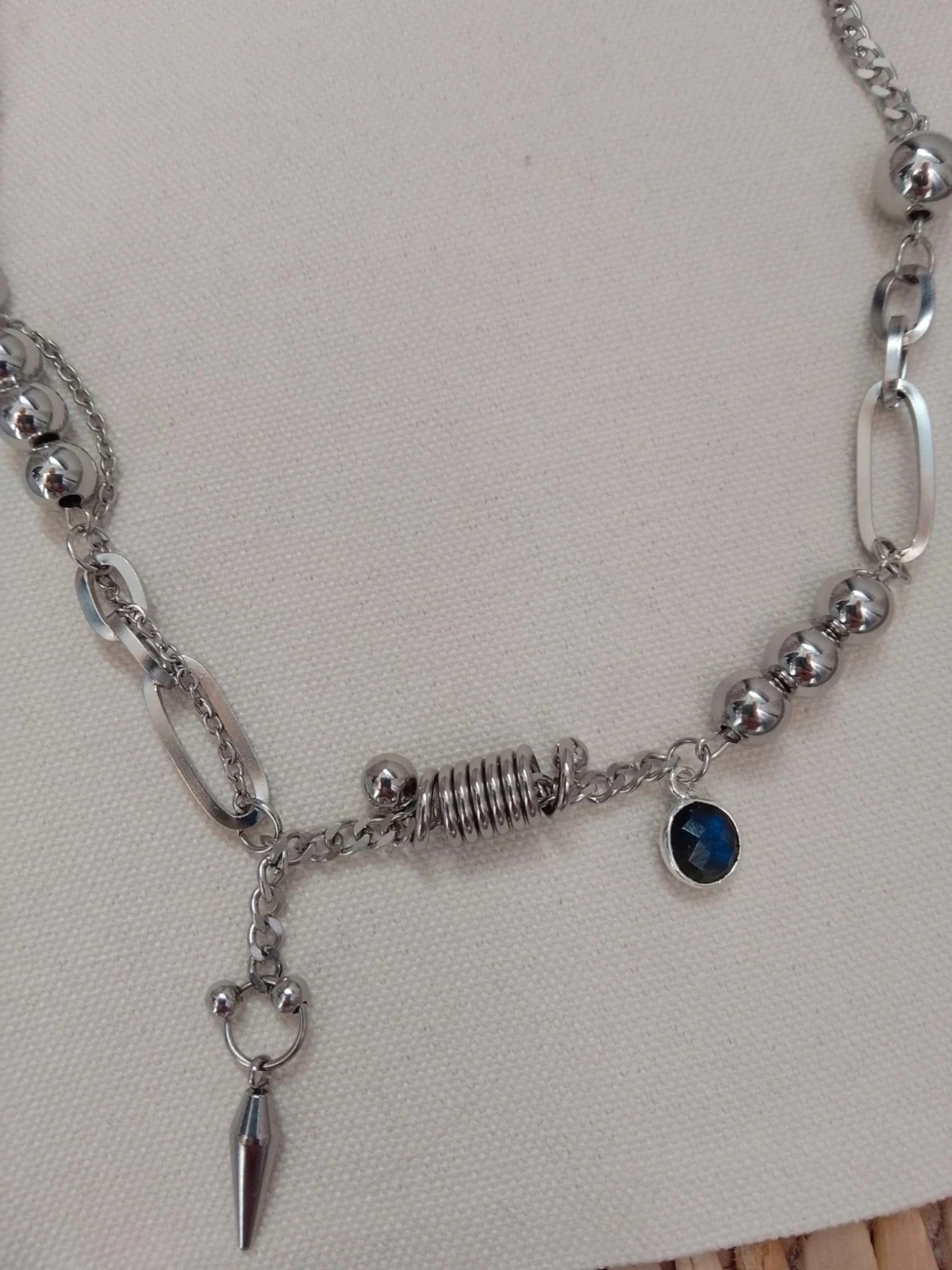 Collier acier argenté et pierre de labradorite sertie – photo 4